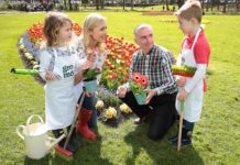Gardening Expert Dermot O Neill pictured with Sarah McGovern and her children Robyn Vaughan (4) and Jude Vaughan (6) as they launched GroMór 2018 in Merrion Square, Dublin. Pic Brian McEvoy