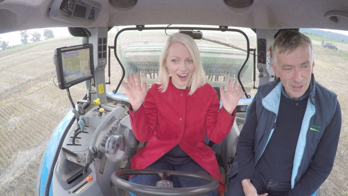 Dermot Forristal, Teagasc Crops Research Centre, Oak Park, Carlow, with presenter Kathriona Devereaux experiencing the future of farming inside a satellite-controlled smart tractor on ‘10 Things to Know About ... Space’ tonight on RTÉ 1 at 8.30pm.