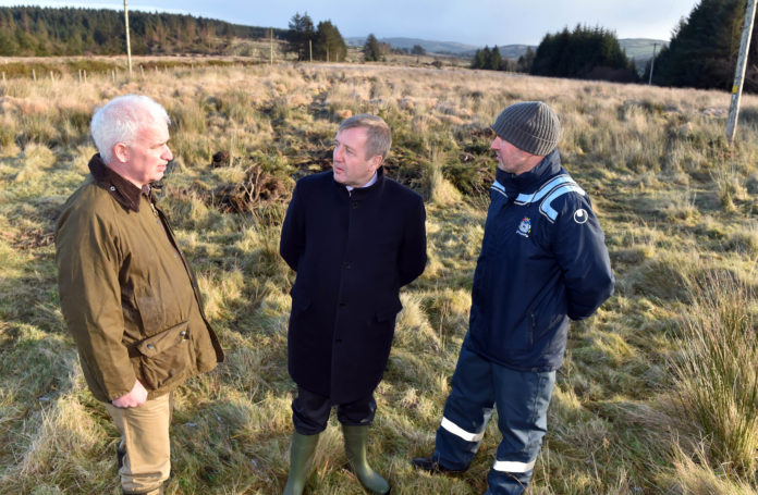 The Minister for Agriculture, Food and Marine Micheal Creed TD (centre) with Dr Fergal Monaghaan, project manager Hen Harrier project and Jack Lynch, Farm owner Cardowmey, Macroom