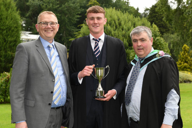 BIGGA winner Matthew Reid (Comber), was awarded the British and International Golf Greenkeepers Association (Northern Ireland) Award for the best Level 2 sportsturf management student, by John Young, of the British and International Golf Greenkeepers Association Young Greenkeepers Committee and Paul Campbell (Senior Lecturer Horticulture) at the Greenmount Campus Awards Ceremony.