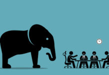 elephant in the room. vector artwork illustration depicts the concept of obvious problem, avoiding difficult situation, and evading unpleasant scenario