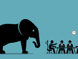 elephant in the room. vector artwork illustration depicts the concept of obvious problem, avoiding difficult situation, and evading unpleasant scenario
