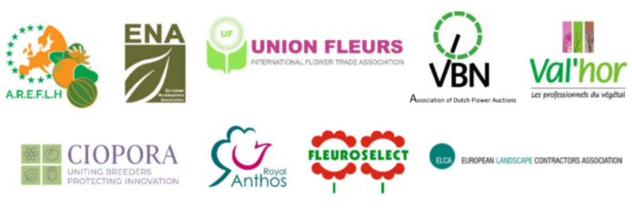 UNION FLEURS (International Flower Trade Association), ENA (European Nurserystock Association), ARELFH (Assembly of European Horticultural Regions), VBN (Association of Dutch Flower auctions), VAL’HOR – French inter-branch organisation for ornamental horticulture (growers, nurseries, seeds companies, garden centres, wholesalers, florists, agro-shops, landscape contractors and landscape architects), ANTHOS (Royal Trade Association for Flower Bulbs), CIOPORA (International Association of Breeders of Asexually Reproduced Horticultural Varieties), FLEUROSELECT (International Association of breeders, producers and distributors of propagation material of ornamental plants) and ELCA (European Landscape Contractors Association) logos