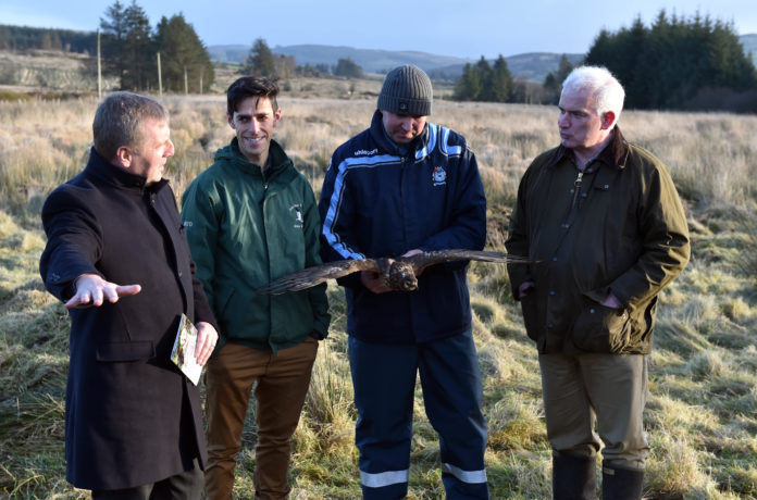 The Minister for Agriculture, Food and Marine Micheal Creed TD with Dr. Fergal Monaghaan, project manager Hen Harrier project ; Dr. Barry O'Donoghue, department culture, heritage and the Gaeltacht,and Jack Lynch, Farm owner ,Cardowmey, Macroom