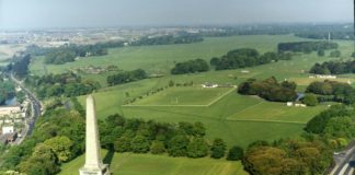 Aerial view of the Phoenix Park, Dublin City, Ireland inc. the Wellington Monument in the foreground.