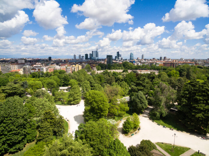 Aerial view of Sempione park in Milan, Italy.